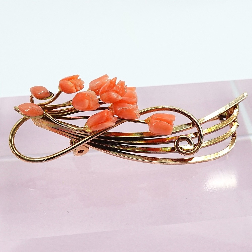 Vintage Gold Tone Pink Tulips Flower Brooch Victorian Botanical Garden Party